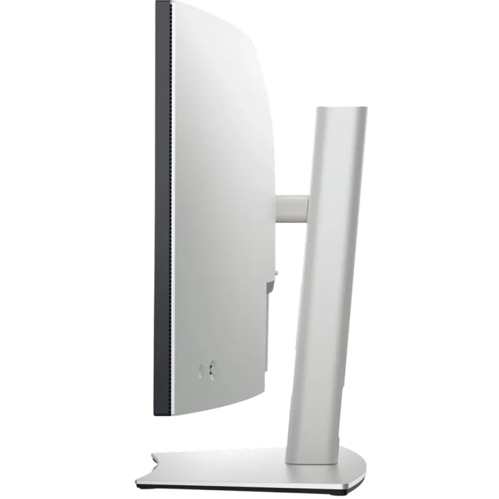 Perfil lateral del monitor curvo de 34 pulgadas con carcasa blanca, bisel delgado, soporte robusto ajustable y puertos accesibles en la parte trasera