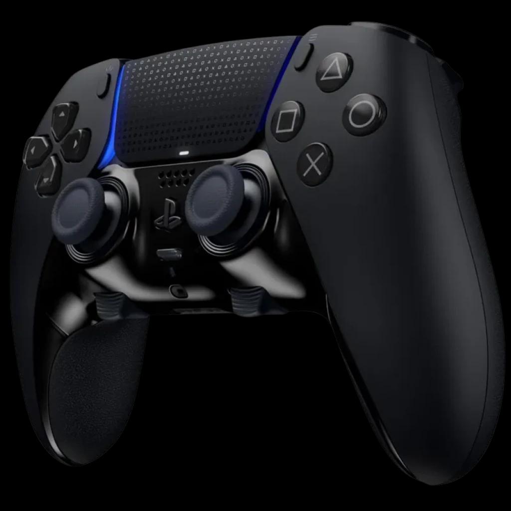 Mando Sony DualSense Edge PS5 en negro medianoche con iluminación azul, panel texturizado, sticks intercambiables, cruceta y botones icónicos PlayStation