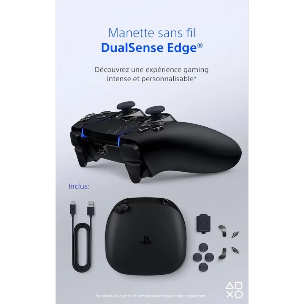 Mando Sony DualSense Edge Controller PS5 Negro medianoche con diseño ergonómico, luces LED azules, joysticks intercambiables, botones adicionales y estuche