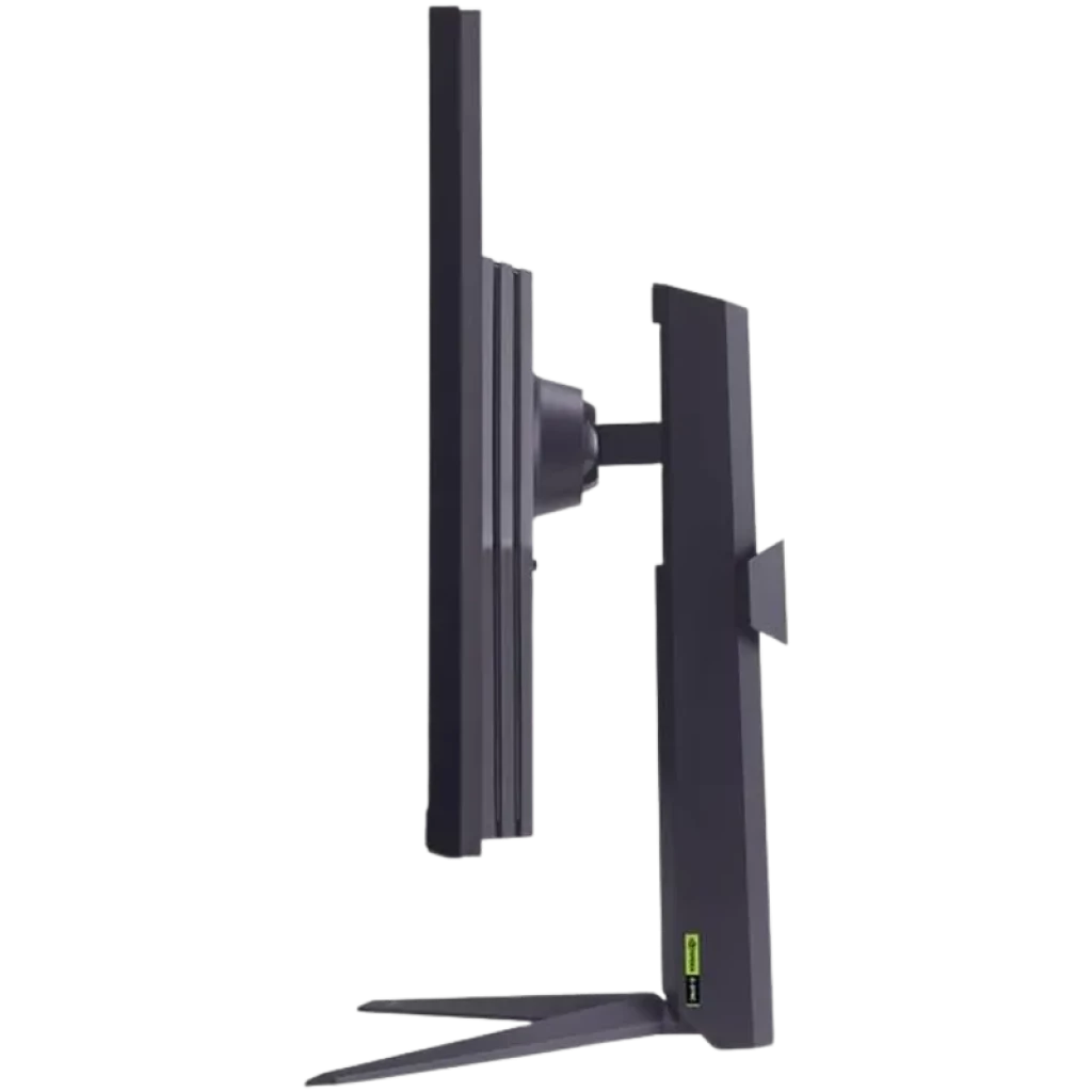 Perfil lateral del monitor gaming LG Ultragear 32GS75Q-B negro con marco delgado, soporte en forma de V y ajuste de altura; diseño estilizado y robusto