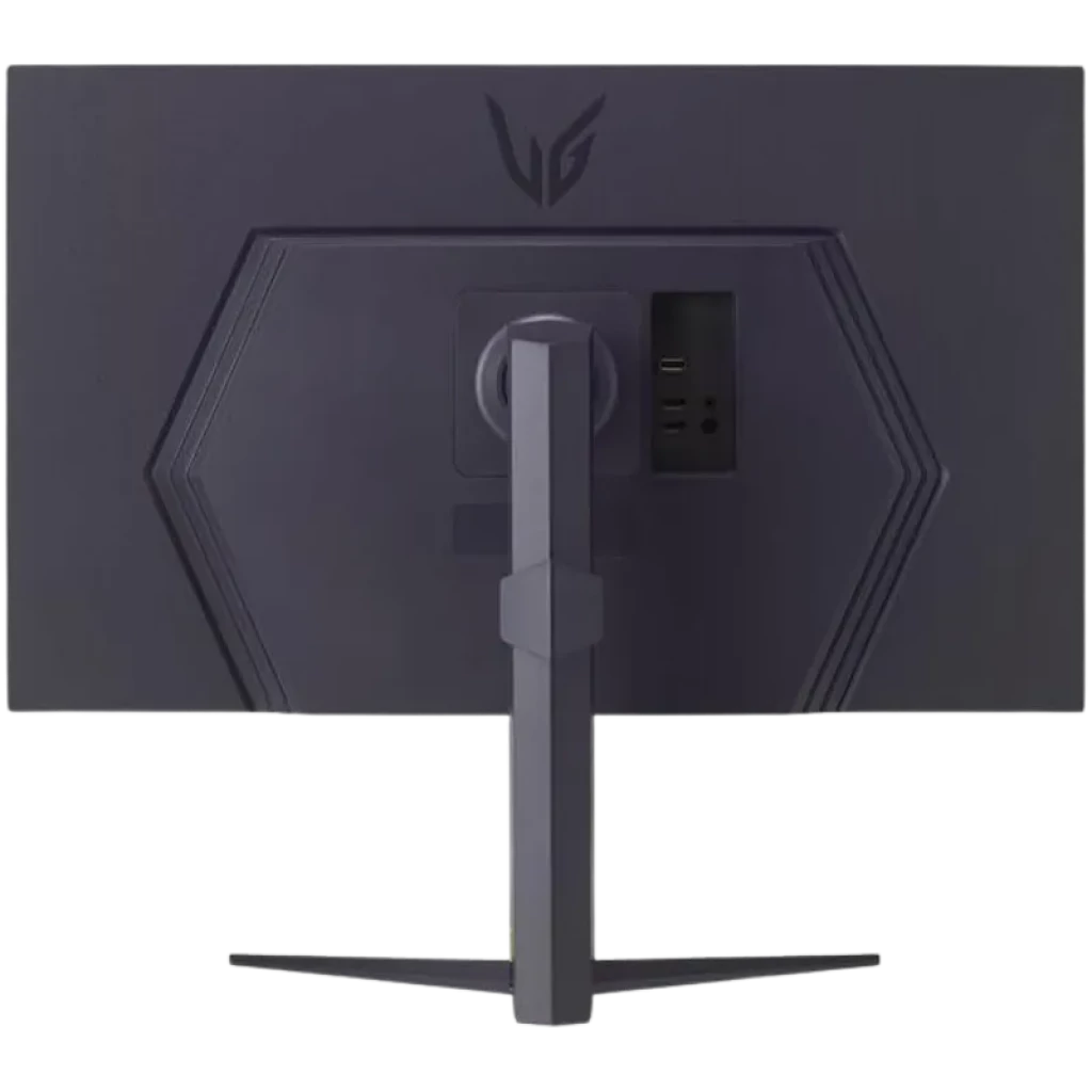 Parte trasera del monitor gaming LG Ultragear 32GS75Q-B en negro con soporte central robusto, puertos laterales accesibles y diseño geométrico moderno