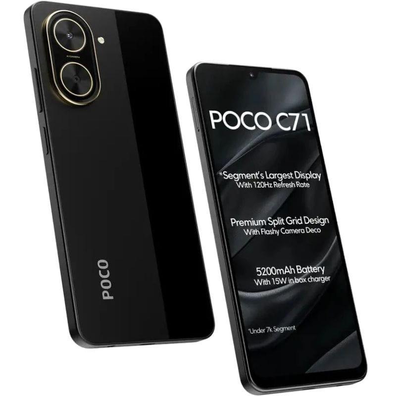 Xiaomi Poco C71 4GB/128GB Negro imagen delantera y trasera con características en la pantalla