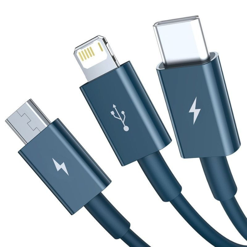 Baseus Superior Series - Cable USB-A 3 en 1 a USB-C/Micro/Lightning detalle de los conectores