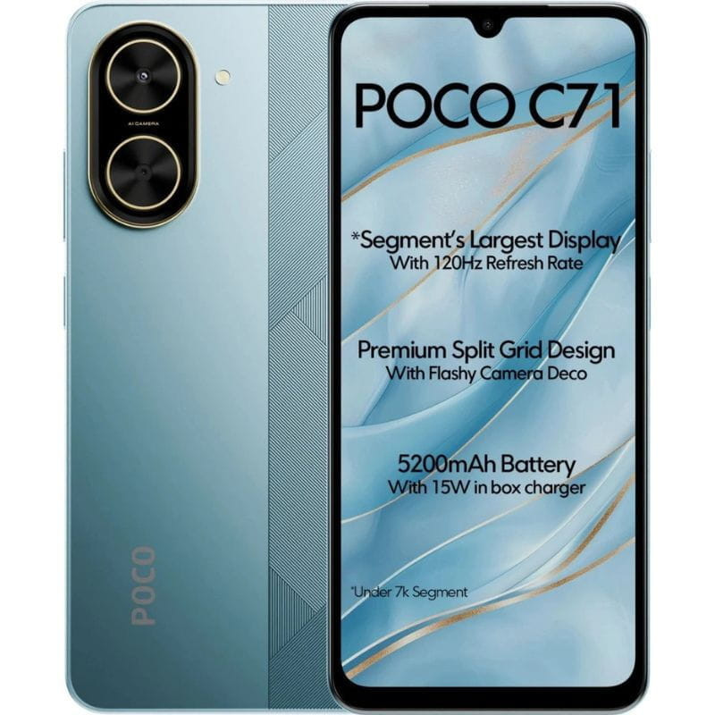 Xiaomi Poco C71 3GB/64GB Azul imagen delantera y trasera con especificaciones en la pantalla
