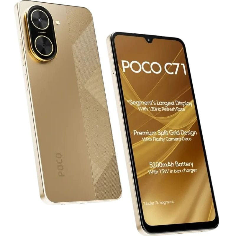 Xiaomi Poco C71 3GB/64GB Dorado imagen delantera y trasera con características en la pantalla