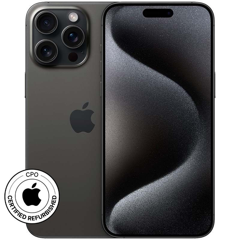 iPhone 15 Pro 5G 256GB en titanio negro, pantalla con Dynamic Island, triple cámara trasera con LiDAR, acabado mate, sello “Certified Refurbished” en la