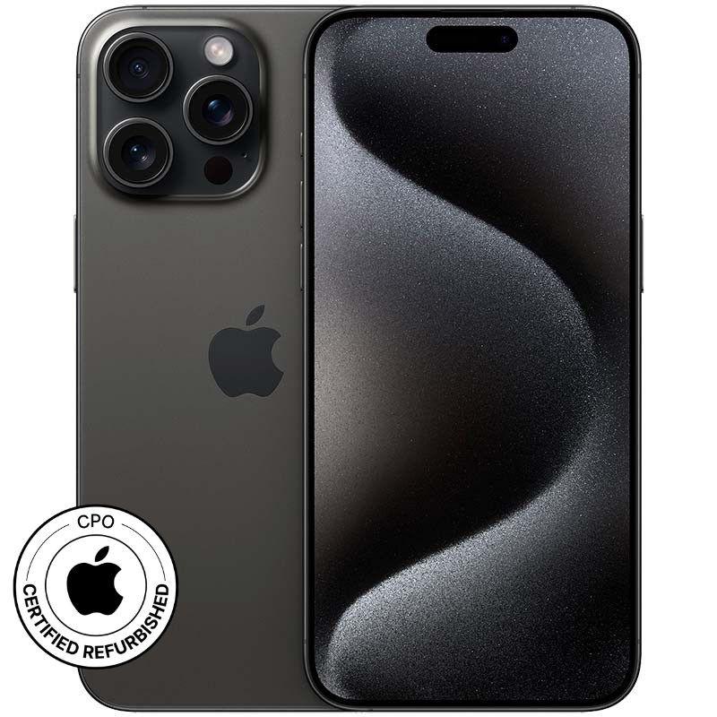 iPhone 15 Pro 5G 256GB en titanio negro, pantalla con Dynamic Island, triple cámara trasera con LiDAR, acabado mate, sello “Certified Refurbished” en la