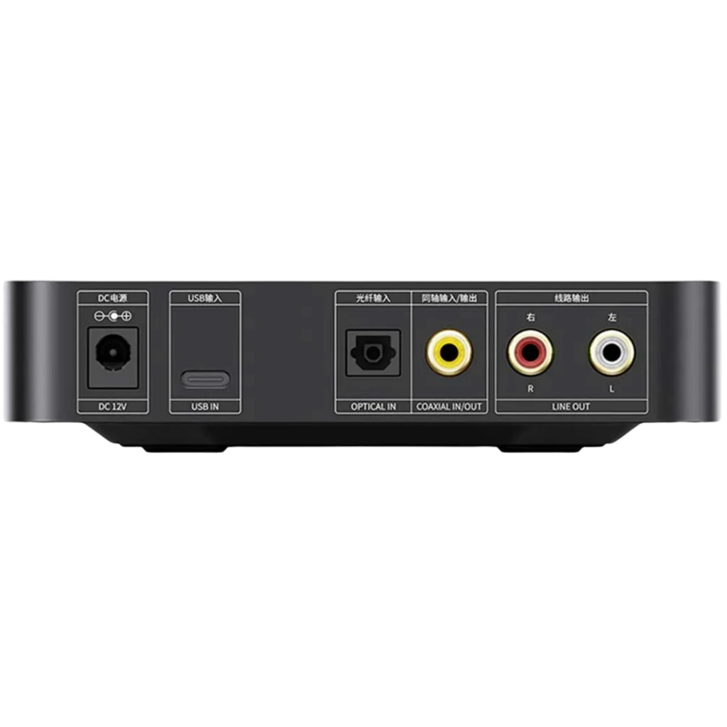 Panel trasero del FiiO K11 R2R en plata con puertos DC 12V, USB-B, óptico, coaxial in/out y salidas RCA L/R line out; diseño balanceado y Hi-Res USB-C