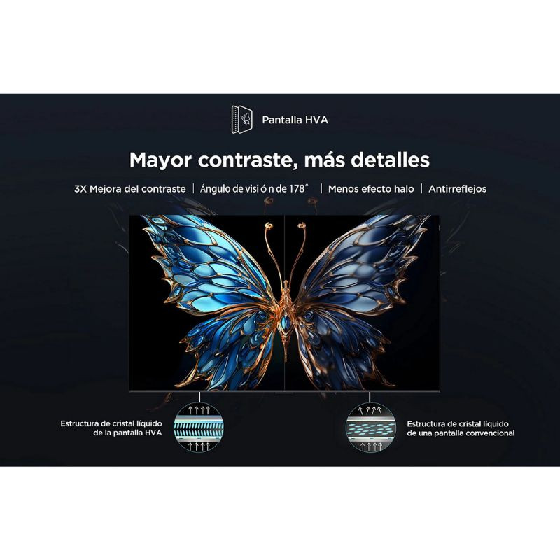 TCL 43P7K 43" 4K UHD QLED gris avec écran HVA: fort contraste, large angle 178°, antireflet, moins d’halo; visuel papillon bleu détaillé.