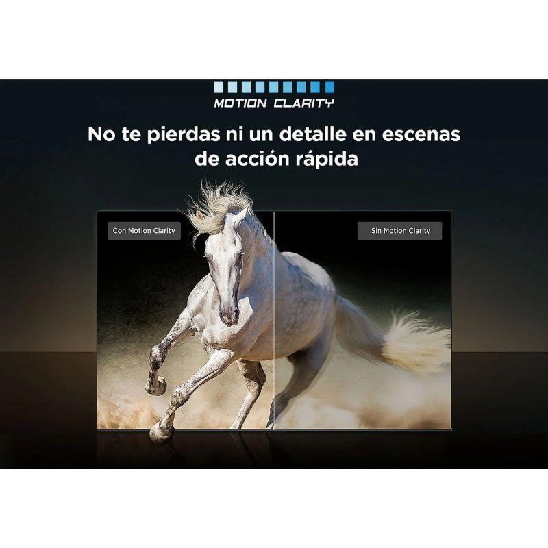 TCL 43P7K 43" 4K UHD QLED Gris, mode Motion Clarity: cheval blanc net en action, contraste élevé, mouvements fluides, détails précis en scène rapide.