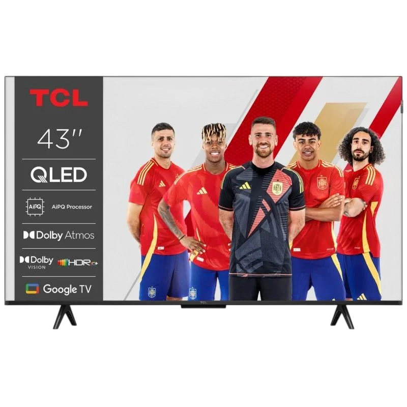 TCL 43P7K 43" QLED 4K UHD gris, bords fins, double pieds, interface Google TV; logos Dolby Atmos, Dolby Vision, HDR10+, AIPQ affichés à gauche.