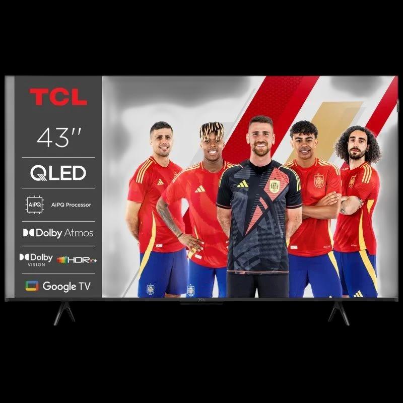 TCL 43P7K 43" QLED 4K UHD gris, bords fins, double pieds, interface Google TV; logos Dolby Atmos, Dolby Vision, HDR10+, AIPQ affichés à gauche.