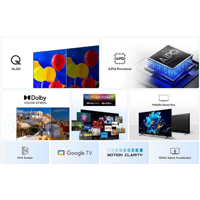 TCL 50P7K 50" QLED 4K noir: écran sans bords, processeur AiPQ, Dolby Vision/Atmos, Google TV, clarté de mouvement, accélération jeu 120 Hz.