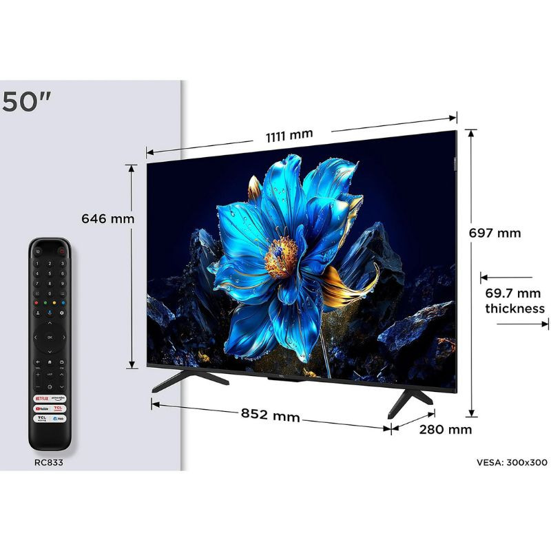 TCL 50P7K 50" QLED 4K UHD noir, bords fins, pied double, écran vibrant aux couleurs éclatantes; télécommande RC833 incluse, VESA 300x300.