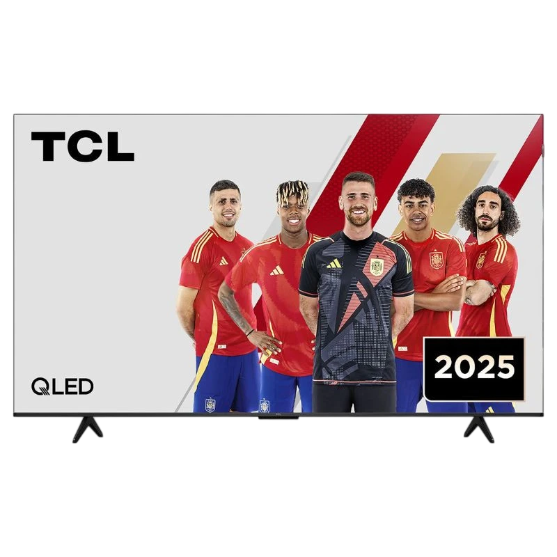 TCL 50P7K 50" 4K UHD QLED noir, bords fins, pied double, écran lumineux affichant joueurs en maillot rouge; design moderne et épuré.