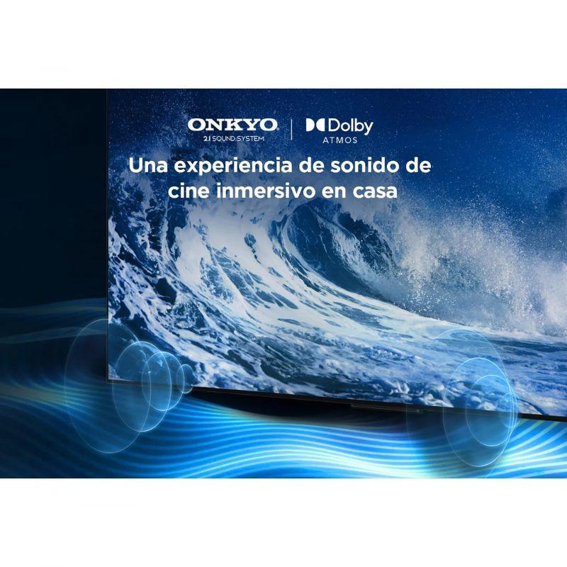 TCL 55C61B 55 pouces QLED Pro 4K Ultra HD avec système audio Onkyo et Dolby Atmos, écran aux bords fins affichant des vagues bleues immersives