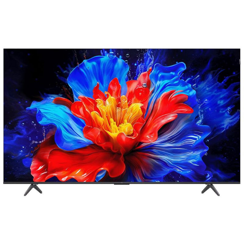 TCL 65P8K 65" 4K UHD QLED, cadre titane, écran sans bords, couleurs vives et contrastes profonds, pieds écartés, compatible FreeSync.