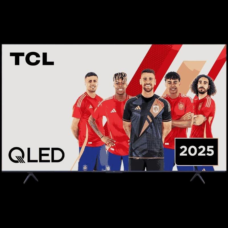 TCL 65P8K 65" QLED 4K UHD, cadre titane fin, pieds écartés, écran large aux couleurs vives; compatible FreeSync pour mouvements fluides.