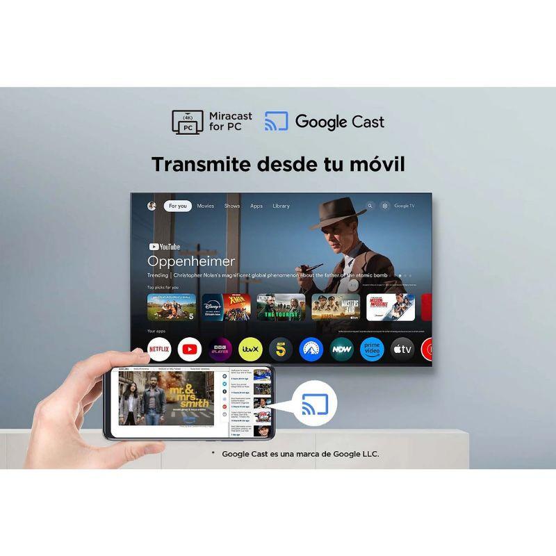 TCL 75P7K 75" QLED 4K UHD noir, écran fin avec Android TV, icônes d’applis colorées, compatibilité Google Cast/Miracast et FreeSync pour fluidité.