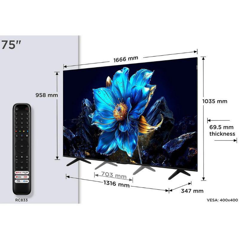 TCL 75P7K 75" QLED 4K UHD noir, bords fins, pied double, épaisseur 69,5 mm, VESA 400x400, image fleur bleu vif; télécommande RC833 incluse.
