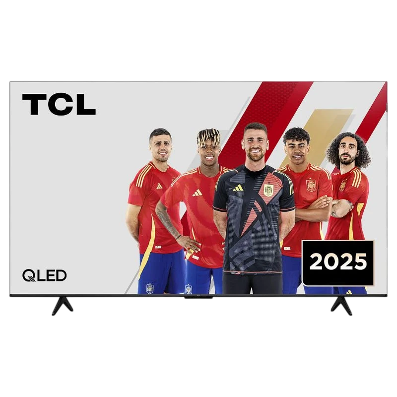 TCL 75P7K 75" QLED 4K UHD noir, bords fins, pieds écartés, écran affichant joueurs en maillot rouge, logo TCL et badge 2025 visibles.