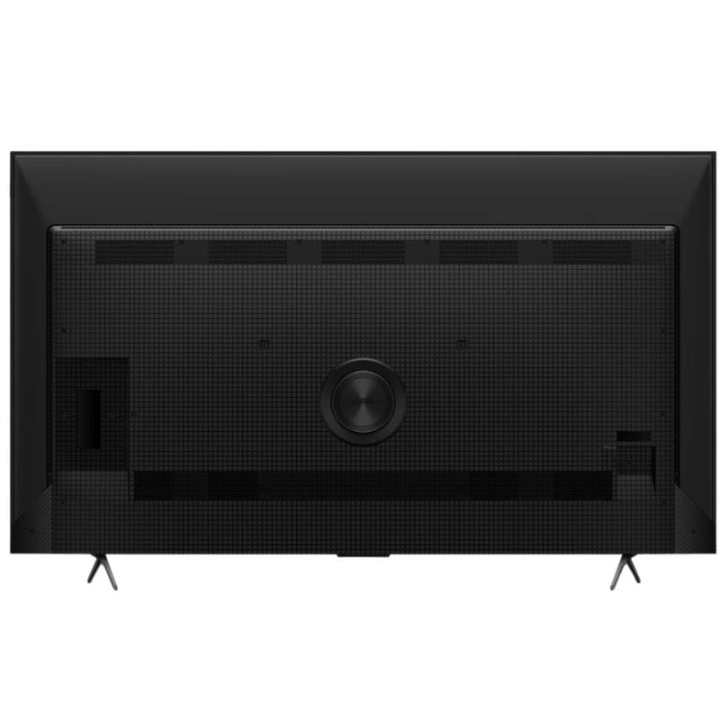 Perfil lateral da TCL P8K 75P8K 75 4K QLED em titânio, design ultrafino com pés em V e conectores laterais visíveis HDMI USB e rede