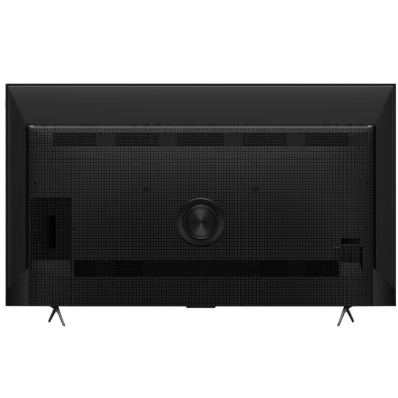 Perfil lateral da TCL P8K 75P8K 75 4K QLED em titânio, design ultrafino com pés em V e conectores laterais visíveis HDMI USB e rede