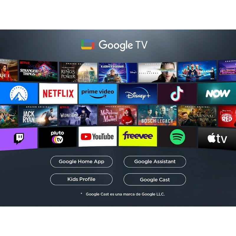 Écran d’accueil Google TV avec rangées d’icônes d’apps: Netflix, Prime Video, Disney+, YouTube, Apple TV, Spotify, etc., bannières de séries et