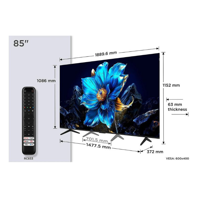 TCL 85P7K 85" QLED 4K UHD noir, bords fins, pied double, 63 mm d’épaisseur, VESA 600x400; télécommande RC833 incluse; image riche aux couleurs vives.