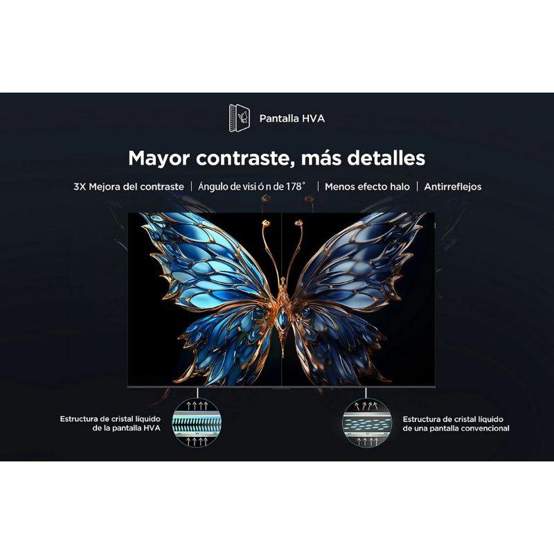 TCL 85P7K 85" 4K QLED: grand écran noir, contraste renforcé, large angle 178°, antireflets, halo réduit; aile de papillon bleu détaillée affichée.