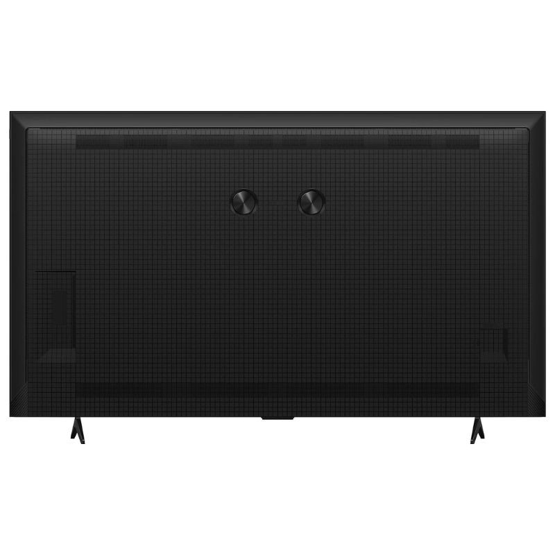 Dos du TCL 85P7K 85" QLED 4K noir : panneau arrière texturé, deux passages de câbles ronds, évents discrets, pieds écartés pour une pose stable.