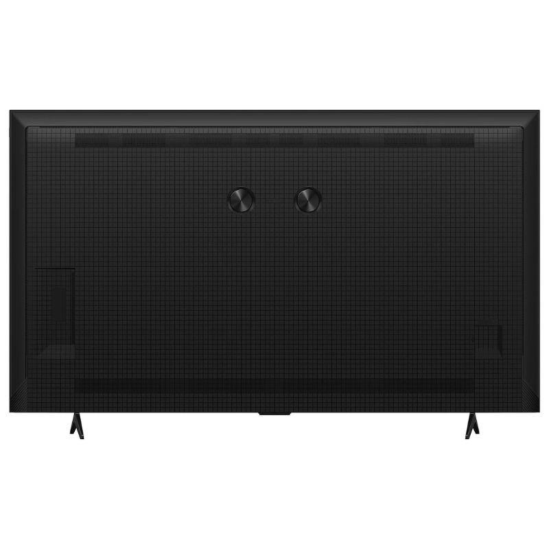 Dos du TCL 85P7K 85" QLED 4K noir : panneau arrière texturé, deux passages de câbles ronds, évents discrets, pieds écartés pour une pose stable.