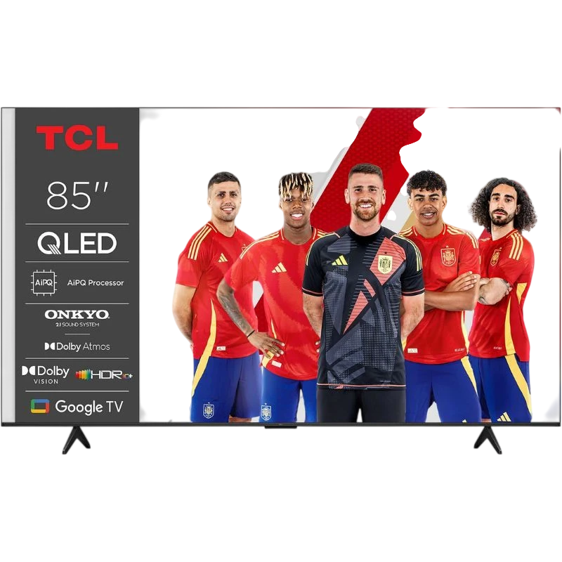 TCL 85P7K 85" QLED 4K UHD noir, bords fins, pieds écartés, écran large lumineux avec Dolby Vision/Atmos, Google TV, FreeSync pour action fluide
