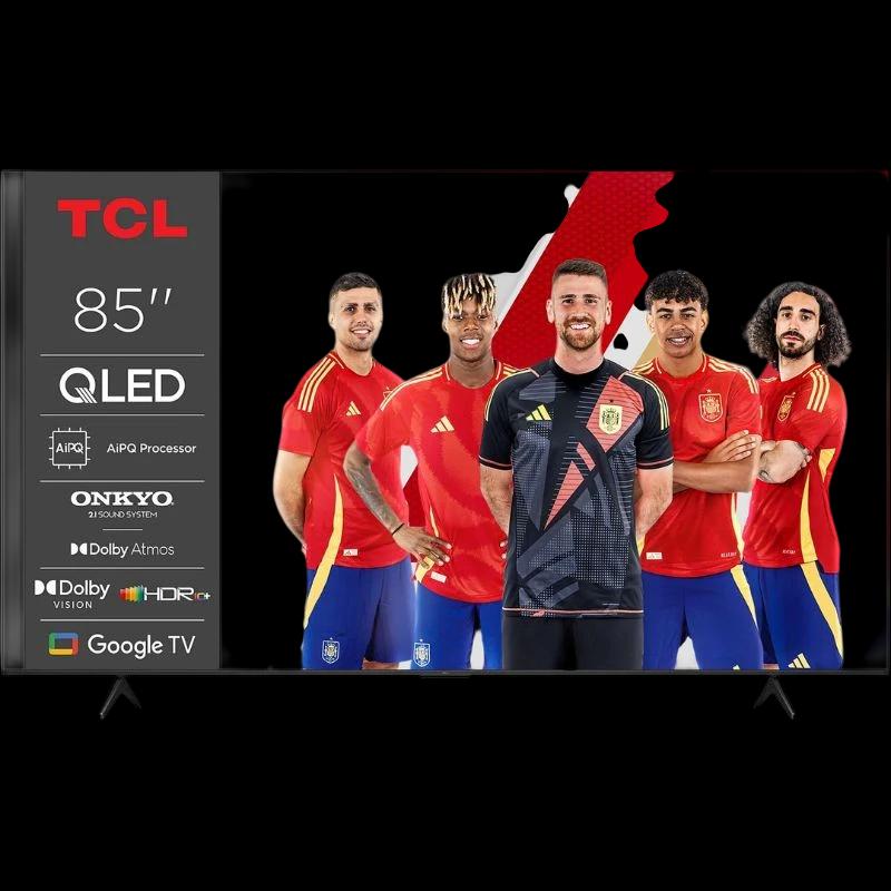 TCL 85P7K 85" QLED 4K UHD noir, bords fins, pieds écartés, écran large lumineux avec Dolby Vision/Atmos, Google TV, FreeSync pour action fluide