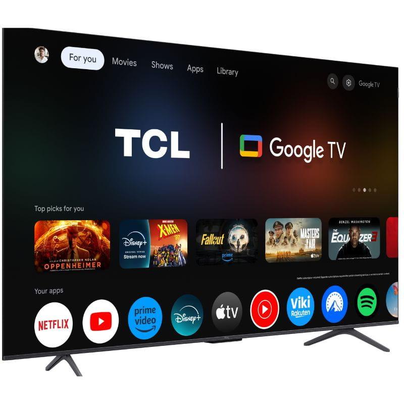 TCL P8K 85P8K 85 polegadas 4K Ultra HD QLED com Google TV, bordas finas, base dupla metálica titânio, ícones de apps em destaque e tela ampla