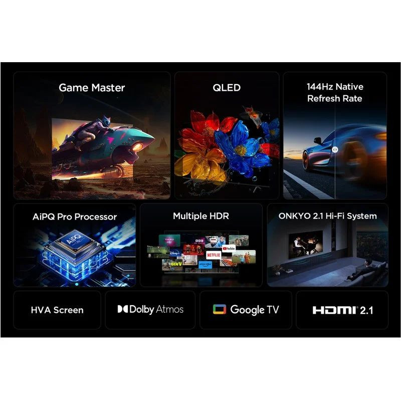 TCL 98P8K QLED 98 pouces 4K Ultra HD, 144 Hz, Game Master, processeur AiPQ Pro, multiples HDR, Dolby Atmos, Google TV, HDMI 2.1, écran HVA, audio Onkyo 2.1