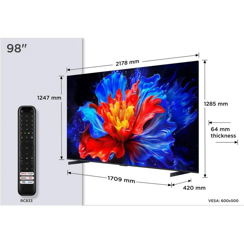 TCL 98P8K QLED 98 pouces 4K Ultra HD, cadre fin titane, couleurs vives et contraste élevé, design mince 64 mm, compatibilité VESA 600x500, télécommande