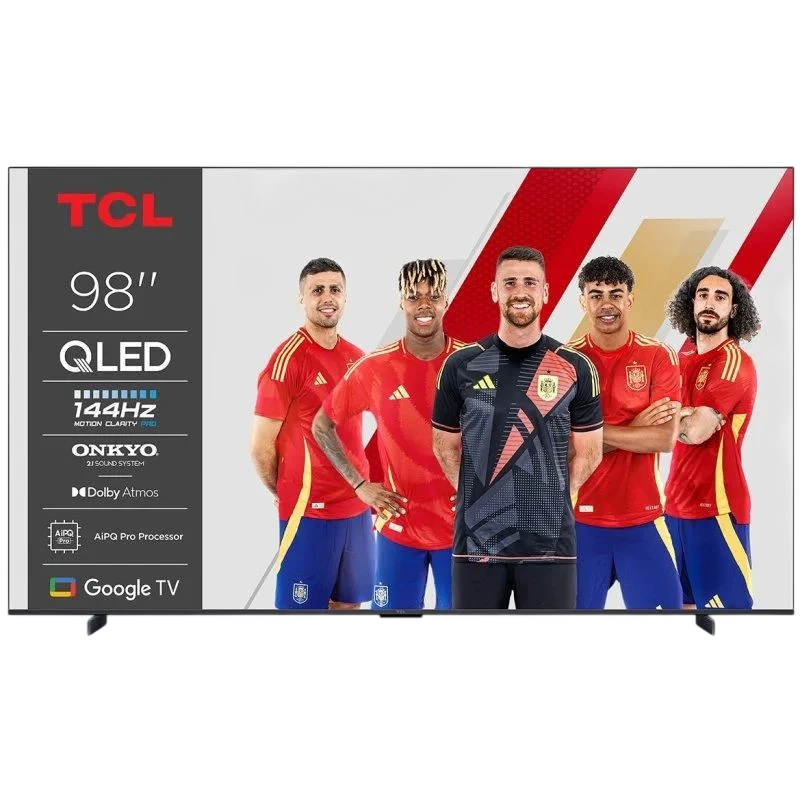TCL 98P8K 98 pouces QLED 4K Ultra HD titane, écran bord fin, 144 Hz fluide, Google TV, audio Onkyo avec Dolby Atmos, AI PQ pour détails précis