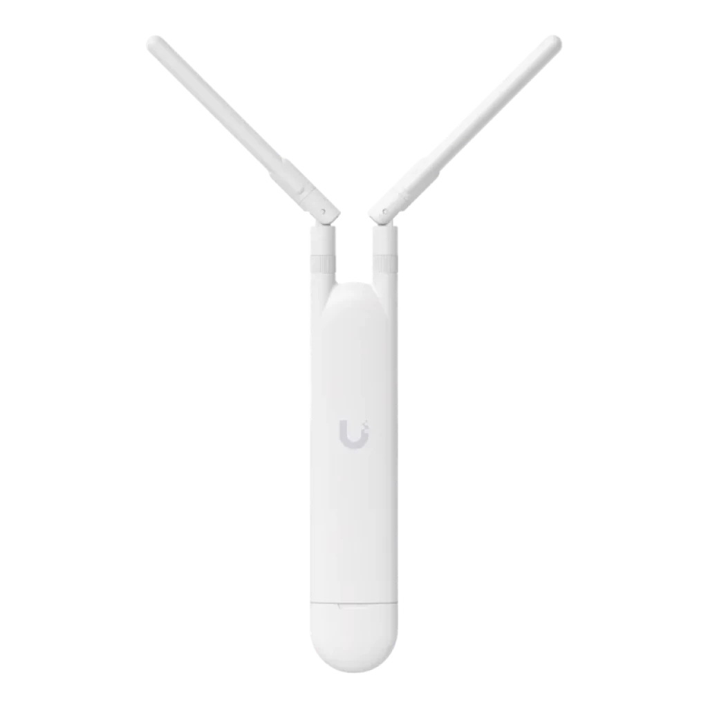 Punto de acceso blanco con dos antenas externas ajustables en V, logo U al frente, diseño alargado y minimalista, compatible PoE y WiFi 5 1167 Mbit/s