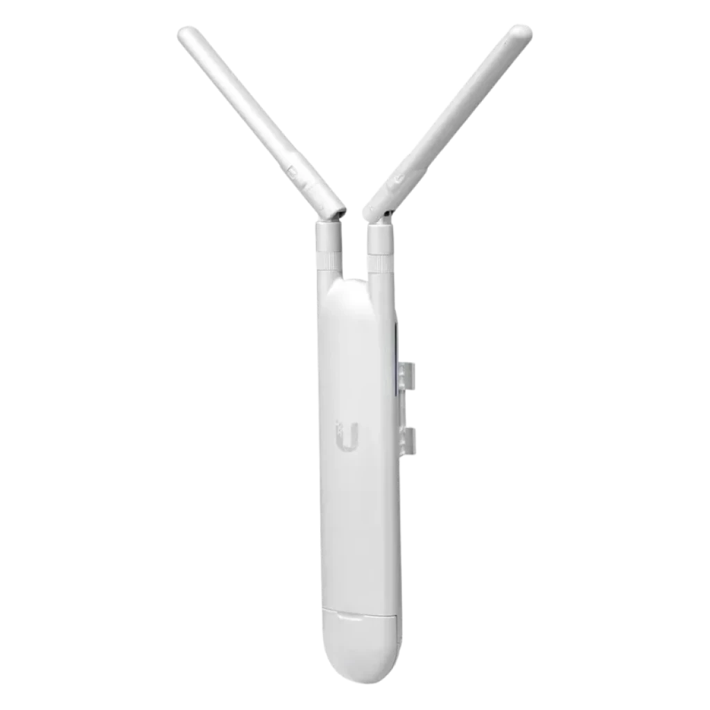 Punto de acceso Ubiquiti Unifi AC Mesh blanco, cuerpo alargado con dos antenas externas orientables en V, montaje en pared, diseño para exterior con PoE