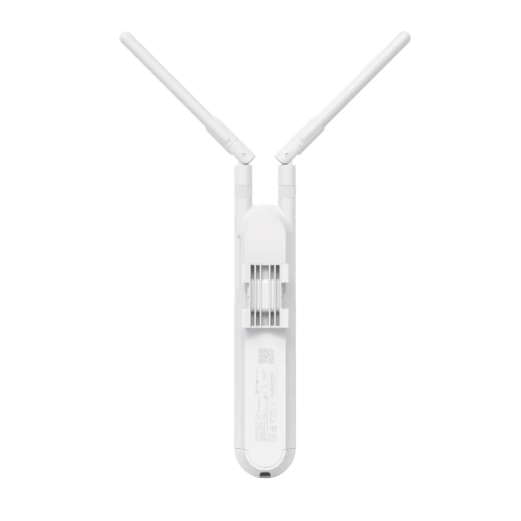 Punto de acceso blanco con dos antenas externas ajustables, cuerpo alargado y ranuras de ventilación; diseño para montaje exterior, compatible con PoE y WiFi