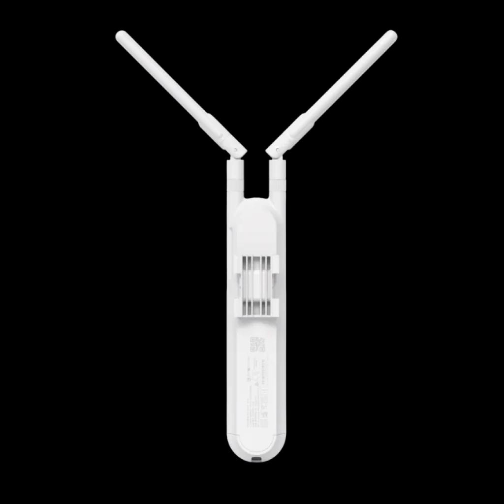 Punto de acceso blanco con dos antenas externas ajustables, cuerpo alargado y ranuras de ventilación; diseño para montaje exterior, compatible con PoE y WiFi