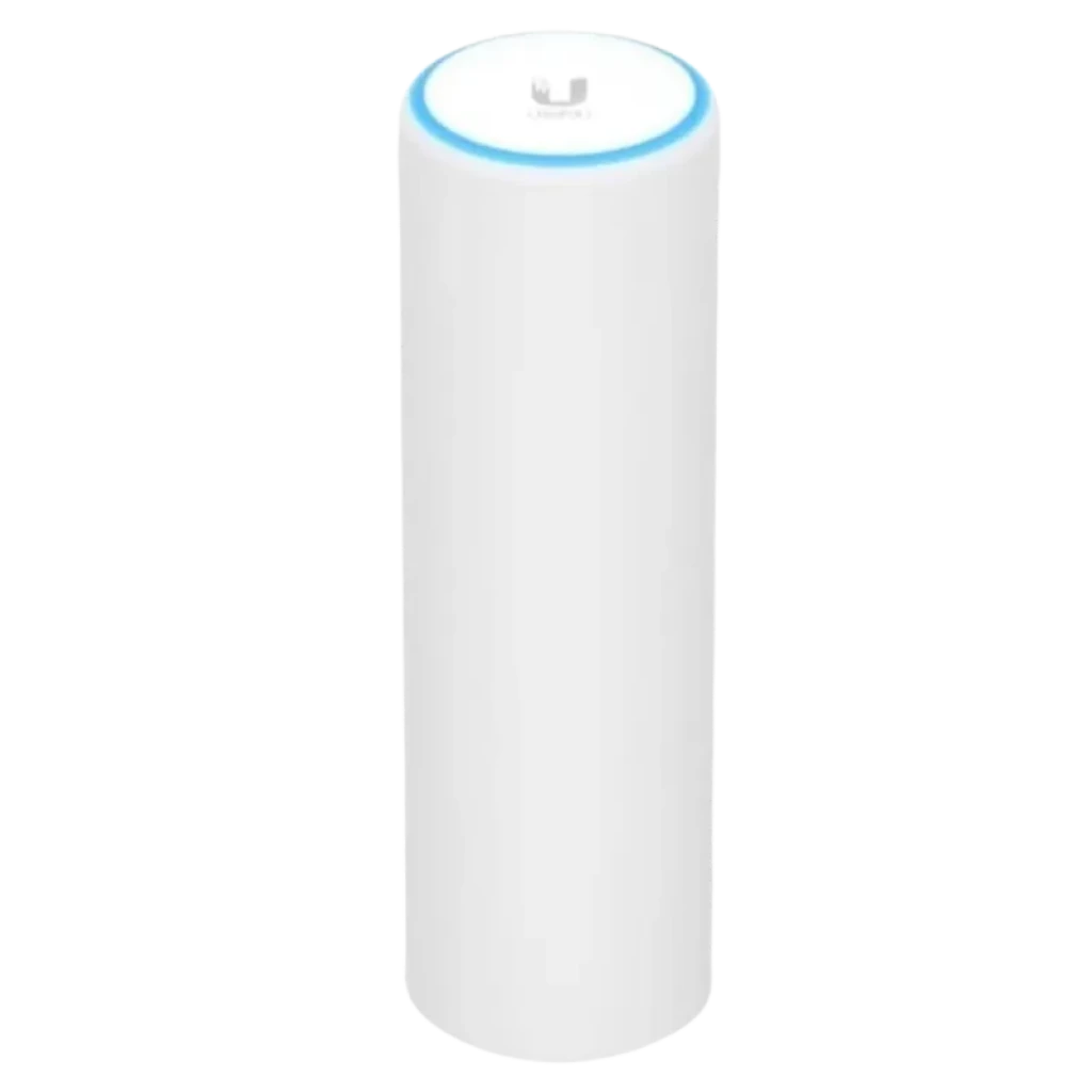 Ubiquiti U6 Mesh blanco cilíndrico con aro LED azul superior, diseño minimalista vertical, carcasa lisa, punto de acceso WiFi 6 compatible con PoE