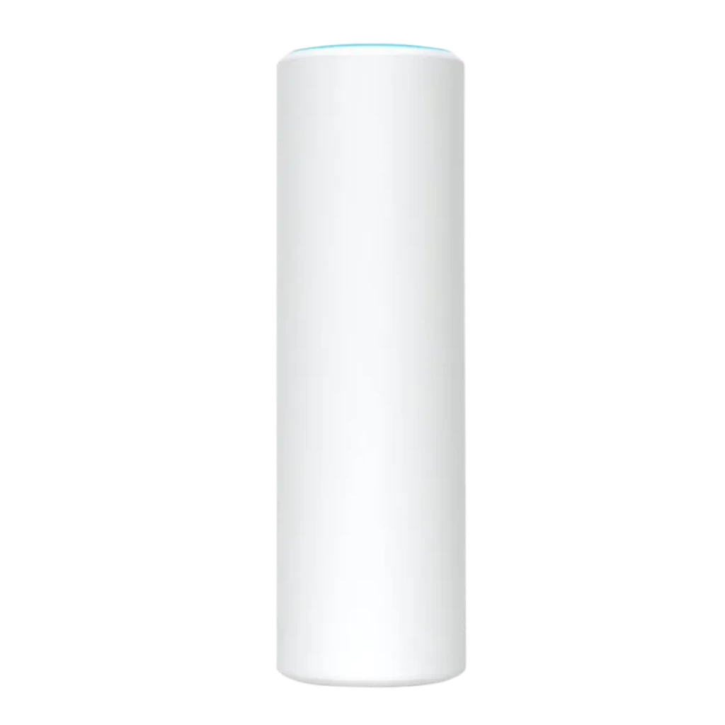 Ubiquiti U6 Mesh punto de acceso cilíndrico blanco con aro LED superior, diseño minimalista para montaje vertical, compatible PoE y WiFi 6 4800 Mbit/s