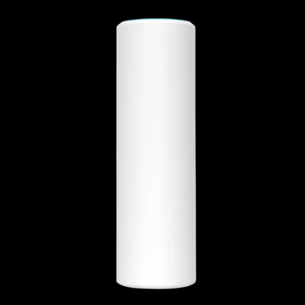 Ubiquiti U6 Mesh punto de acceso cilíndrico blanco con aro LED superior, diseño minimalista para montaje vertical, compatible PoE y WiFi 6 4800 Mbit/s