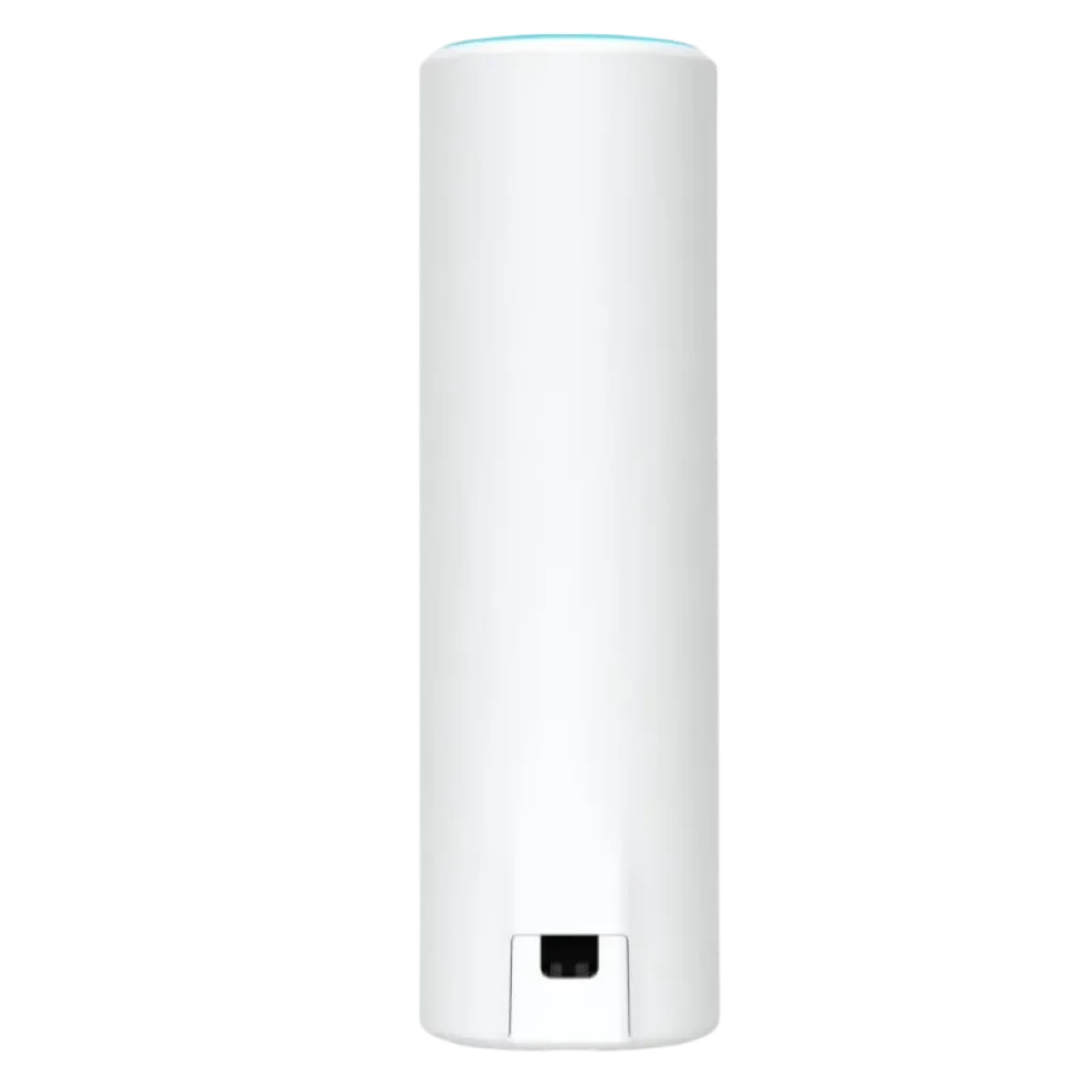 Cilindro blanco minimalista con luz LED superior y puerto inferior, diseño para montaje vertical del Ubiquiti U6 Mesh WiFi 6 PoE 4800 Mbit/s
