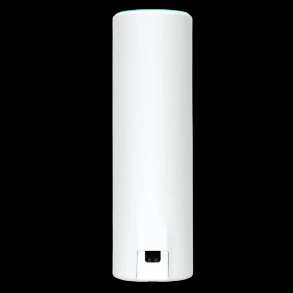 Cilindro blanco minimalista con luz LED superior y puerto inferior, diseño para montaje vertical del Ubiquiti U6 Mesh WiFi 6 PoE 4800 Mbit/s