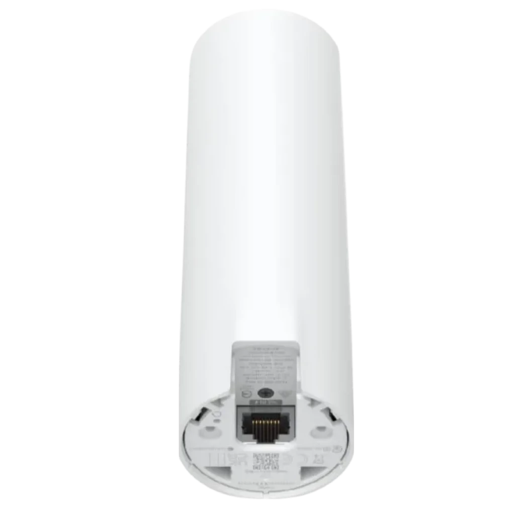 Cilindro blanco con base desmontable y puerto Ethernet visible; carcasa lisa minimalista del punto de acceso Ubiquiti U6 Mesh PoE WiFi 6