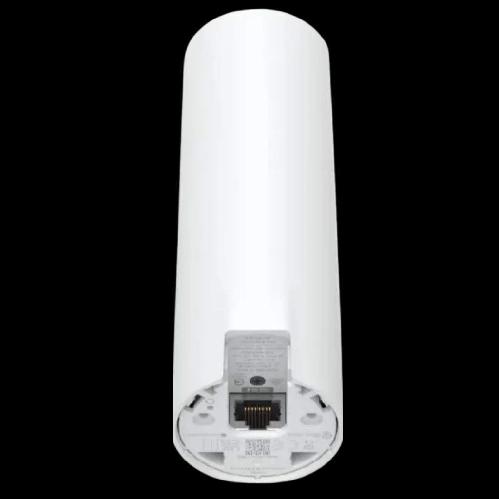 Cilindro blanco con base desmontable y puerto Ethernet visible; carcasa lisa minimalista del punto de acceso Ubiquiti U6 Mesh PoE WiFi 6