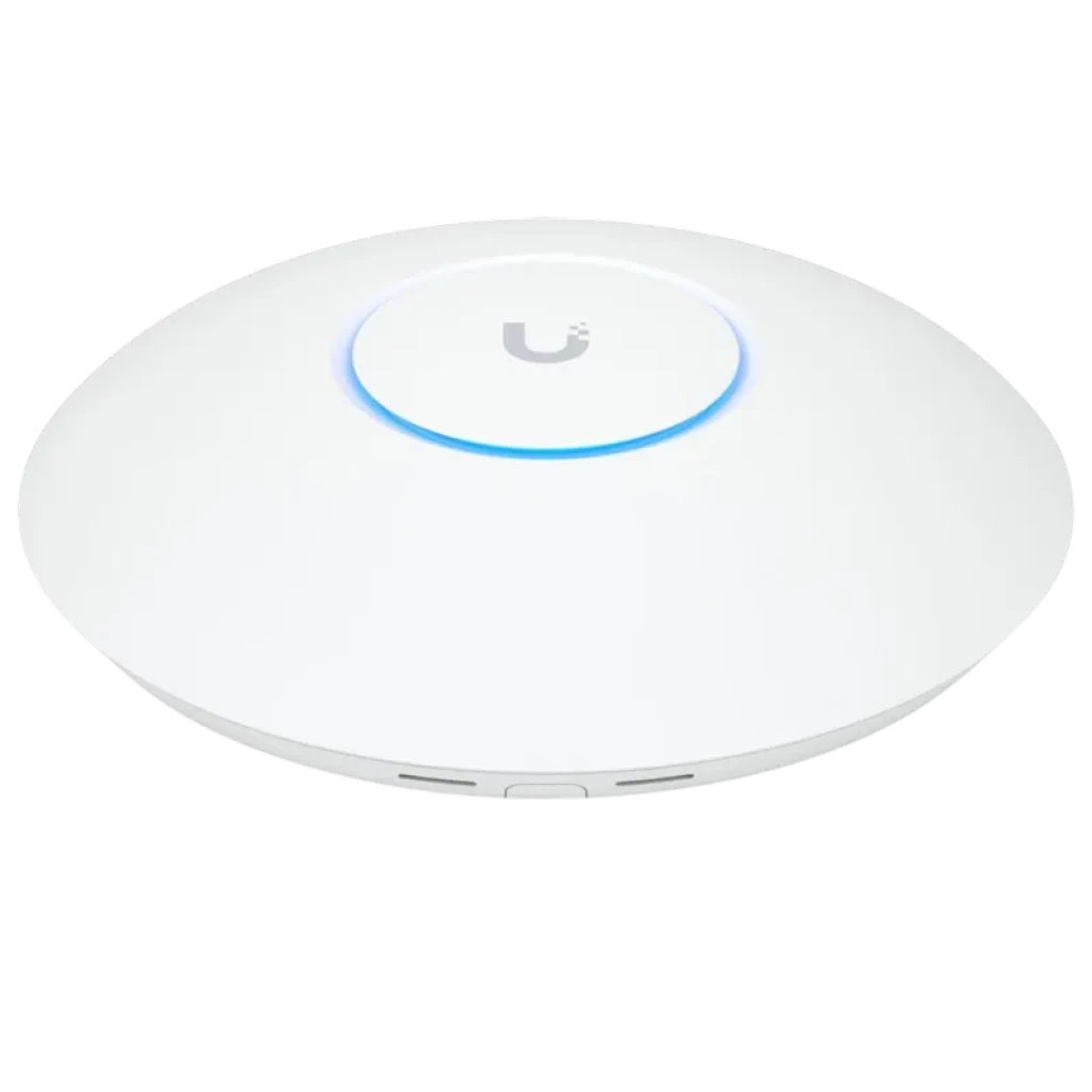 Ubiquiti U7 Pro blanco, punto de acceso circular de perfil bajo con aro LED azul, acabado mate y logo U central, diseño minimalista para techo o pared